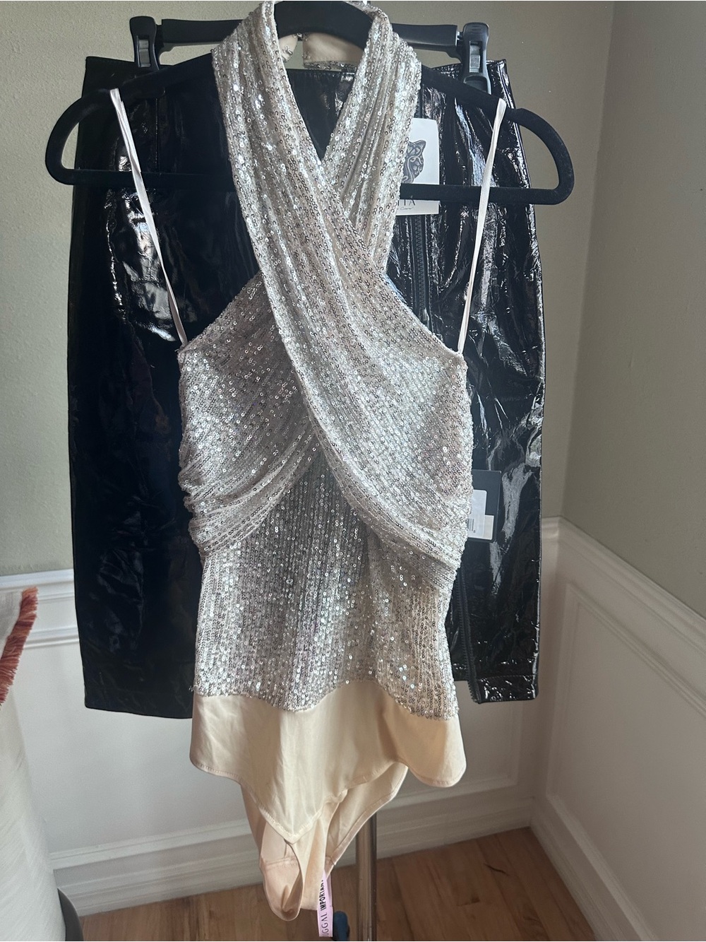 Mac Duggal Silver Sequin Halter Top with Cream Hem